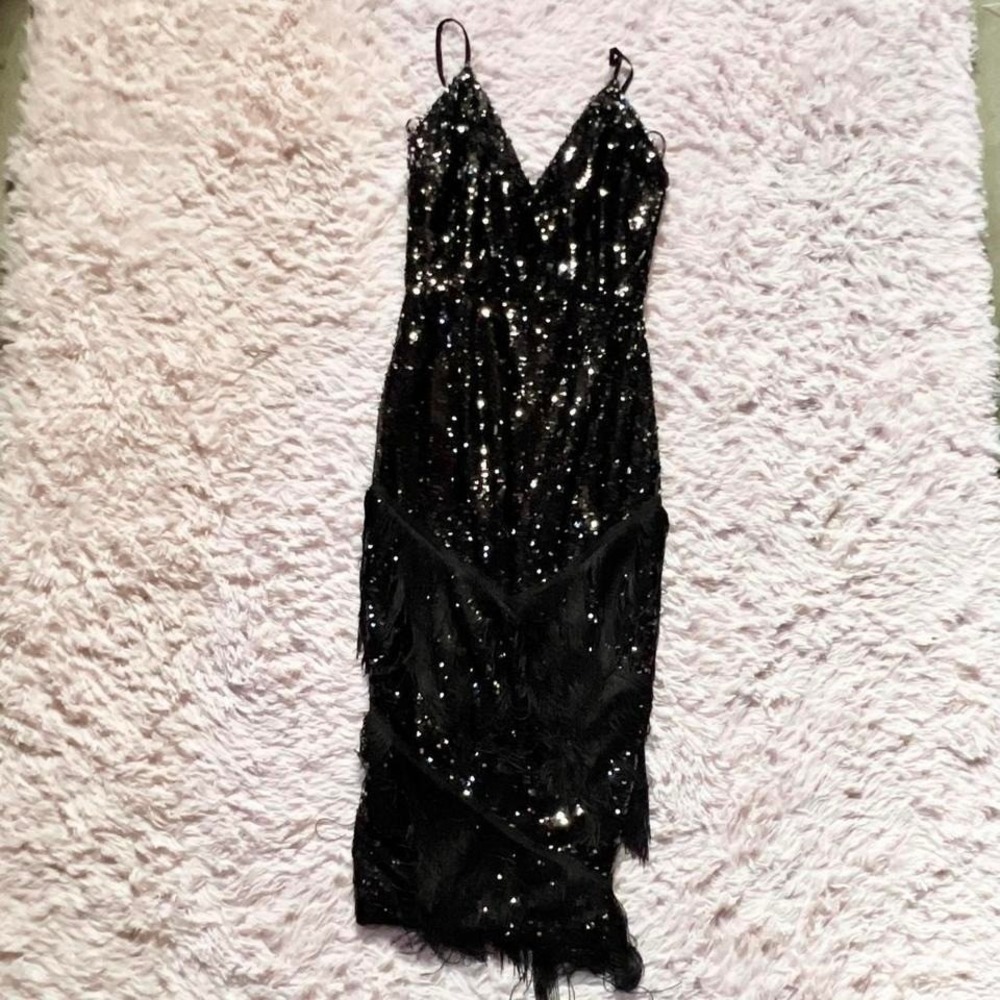 Black‎ Sequin Fringe Flapper Retro Dress Womens 4 Glamour Gothic Whimsical Glam